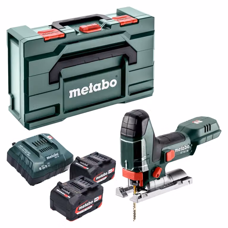 Sega a gattuccio a batteria Metabo ST 18 L 90 da 18 V, 90 mm + 2 batterie da 4,0 Ah + caricabatterie + Metabox
