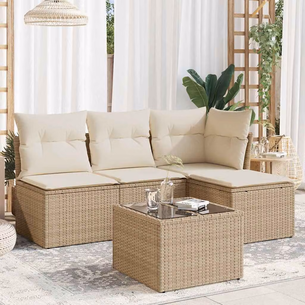 vidaXL Set Divano da Giardino 5 pz in Polyrattan Beige con Cuscini e Tavolino da Caffè – 1