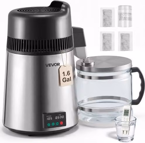 Distillatore d'Acqua VEVOR da 6 Litri in Acciaio Inox Argento, Purificatore da Tavolo con Potenza 900 W per Casa e Cucina