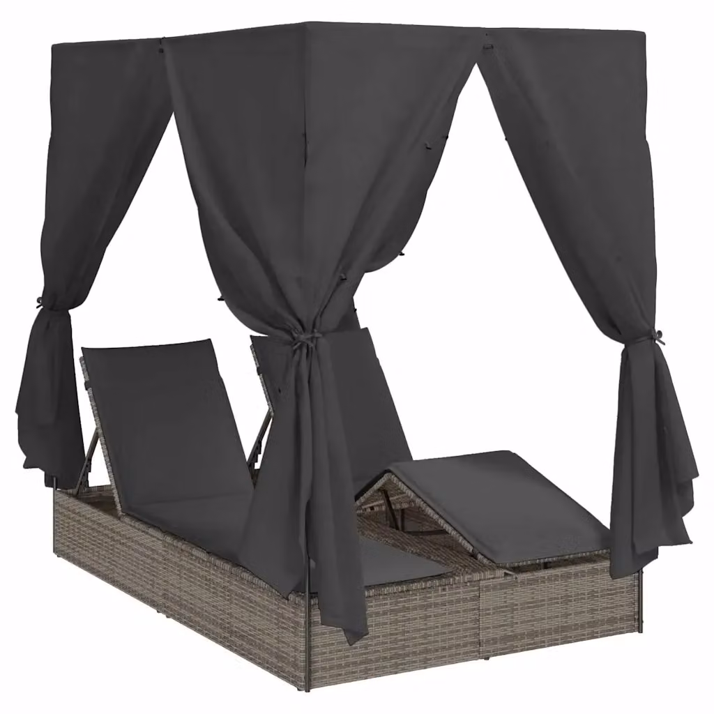 vidaXL Lettino da sole doppio in polyrattan grigio con parasole e poggiatesta regolabile L/P/H: 205 x 129 x 200 cm – 2