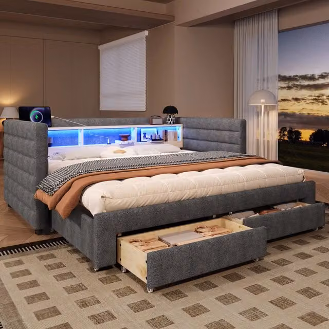 Daybed in velluto grigio 90x190 cm con letto estraibile, cassetti, LED e porte USB/Type-C, senza materasso
