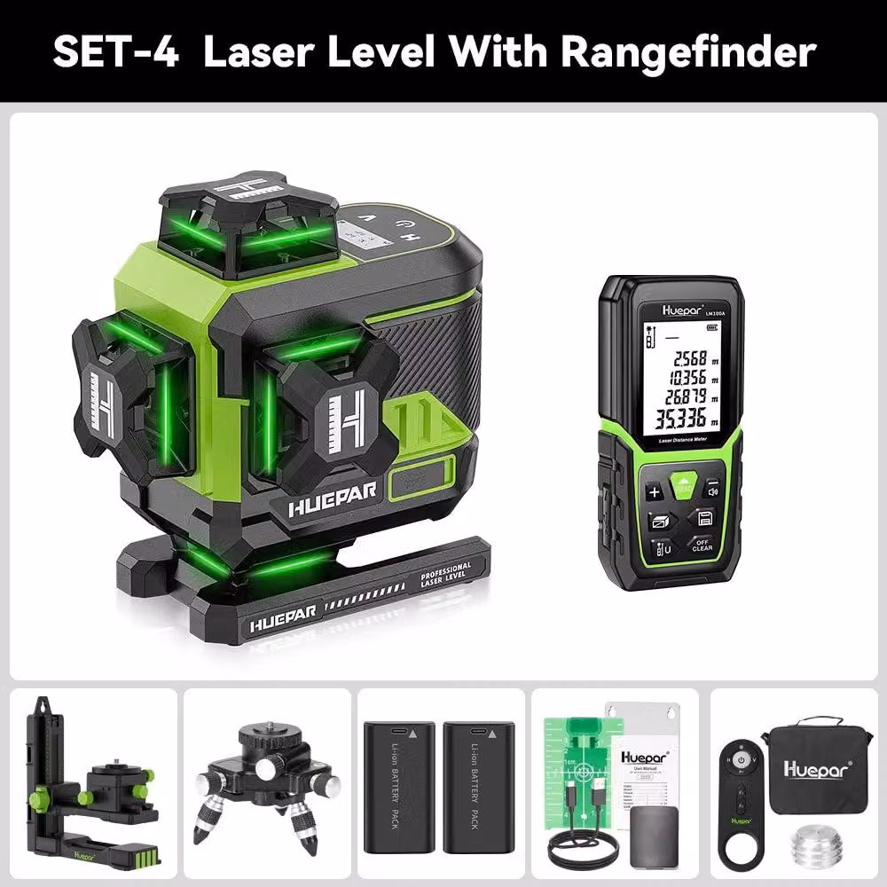 Livella laser a croce 4D con 16 linee, raggio verde, display LCD, Bluetooth, telecomando e batterie