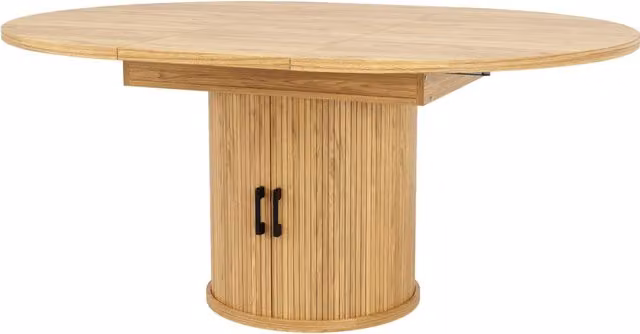Tavolo da pranzo allungabile rotondo in MDF, 118-158 cm, finitura effetto noce, adatto a 6 persone