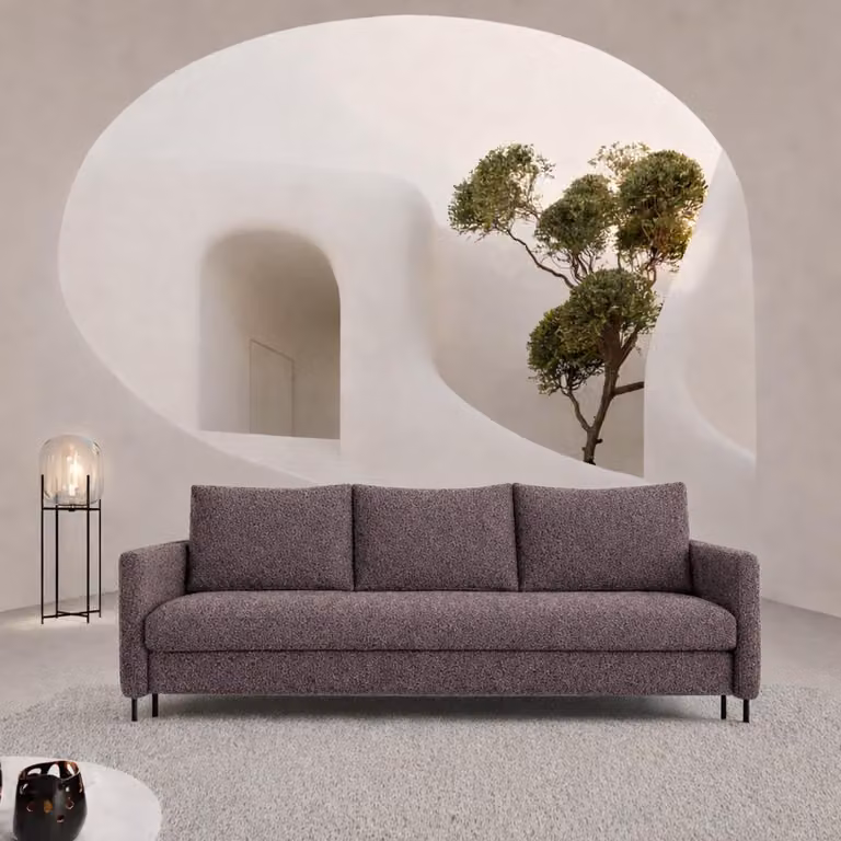 Divano letto Sofello BELIssA, color pastello, rivestito in bouclé, con contenitore per biancheria e cuscini – divano con funzione letto, superficie di riposo 202x150 cm. Spedizione in 3 giorni!