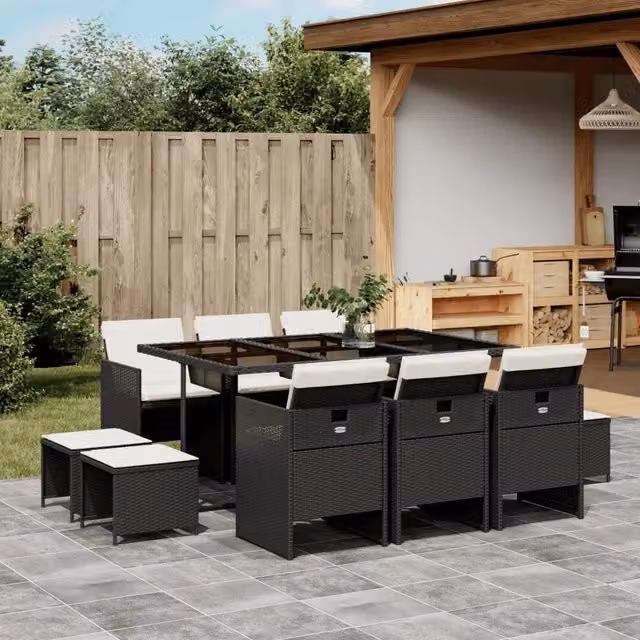 Set da Pranzo da Giardino 11 pz con Cuscini in Polyrattan Nero 3277733