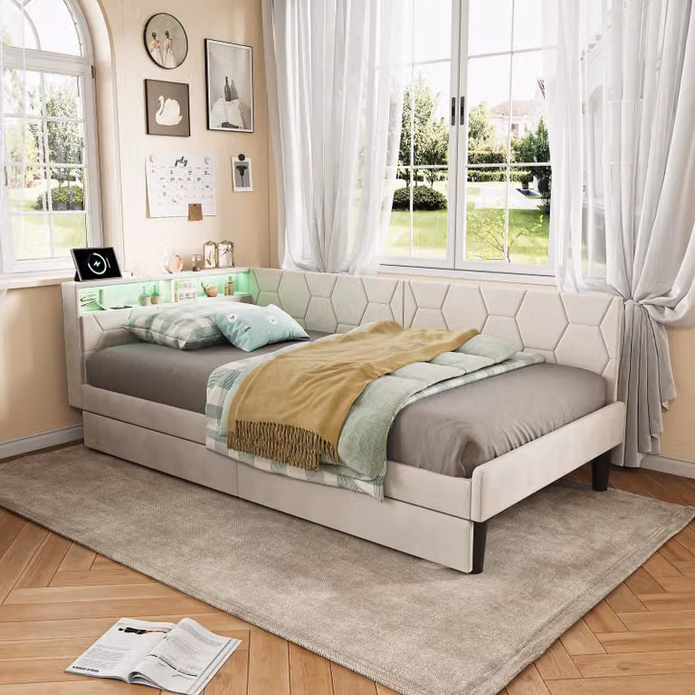 ProximaX Pratico letto imbottito 90x200 cm con cassetti contenitori e morbido velluto, ideale per camere degli ospiti e camerette, in beige