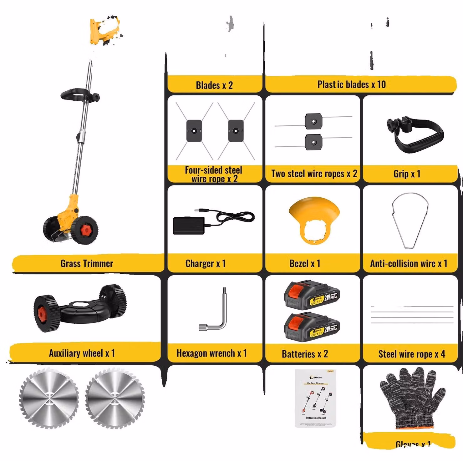 Tagliasiepi, lunghezza regolabile, funzionamento a batteria, colore giallo, include 2 batterie