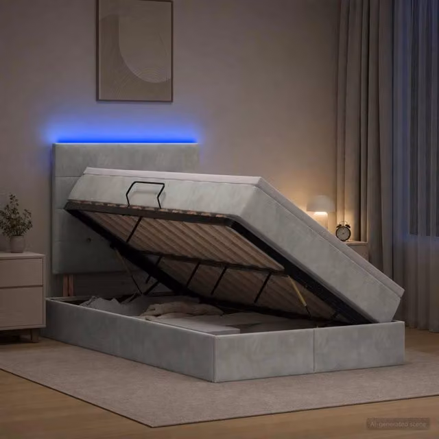 Letto con contenitore vidaXL in tessuto grigio con illuminazione LED e porta USB, L/P/H: 120 x 200 x 45 cm