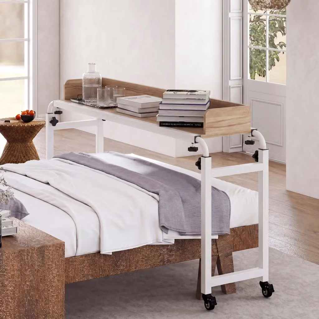 Scrivania mobile sopra il letto con altezza regolabile e ruote, piano in legno bianco e telaio in metallo per camera da letto o home office – 2