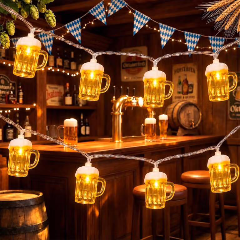 Catena luminosa a forma di boccale di birra, lunghezza 2 metri, 10 LED, luce bianco caldo, alimentata a batteria