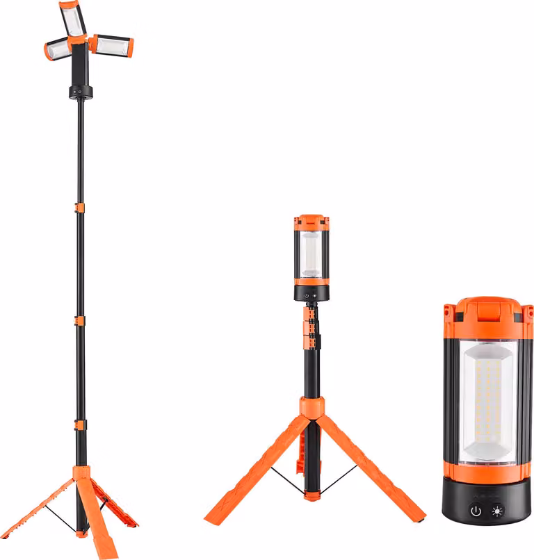 SucceBuy faretto da cantiere a LED con treppiede, luce da lavoro portatile da 6 Ah, luce da campeggio ricaricabile con tre teste di lampada, supporto per treppiede staccabile, 2200 LM, dimmerabile da 3000 K a 6500 K, ideale per l'illuminazione del cantier