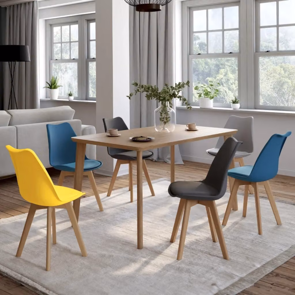 Set di 6 sedie scandinave SARA IDMarket in plastica e legno, colori assortiti: 2 blu, 2 grigio chiaro, 2 giallo – 2