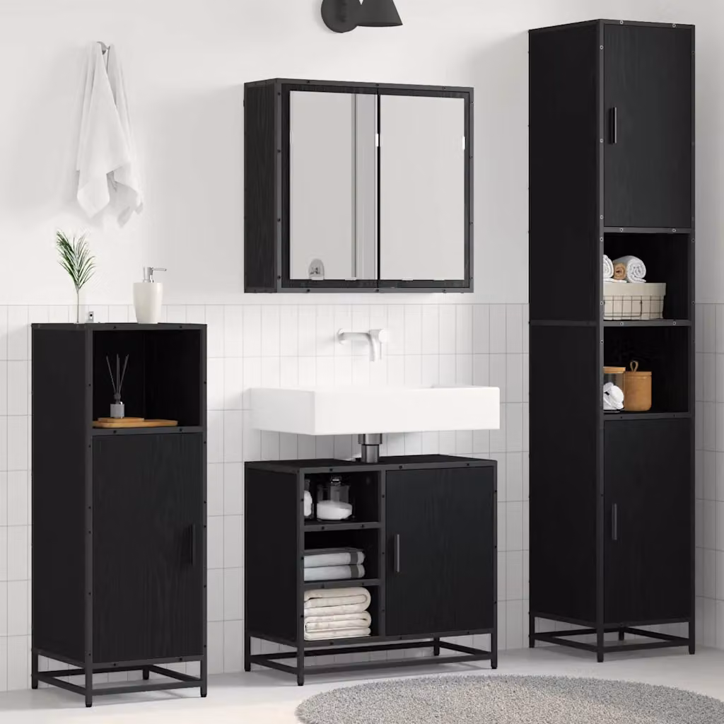 Set di mobili per il bagno moderno vidaXL in 3 pezzi, Rovere e Nero, con armadietto a specchio e mobile lavabo a parete – 1