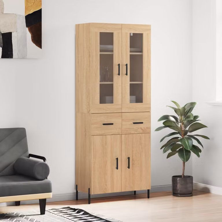 Credenza moderna vidaXL in rovere con ante a vetro e ripiani, colore marrone, L: 69,5 cm, P: 34 cm, H: 180 cm