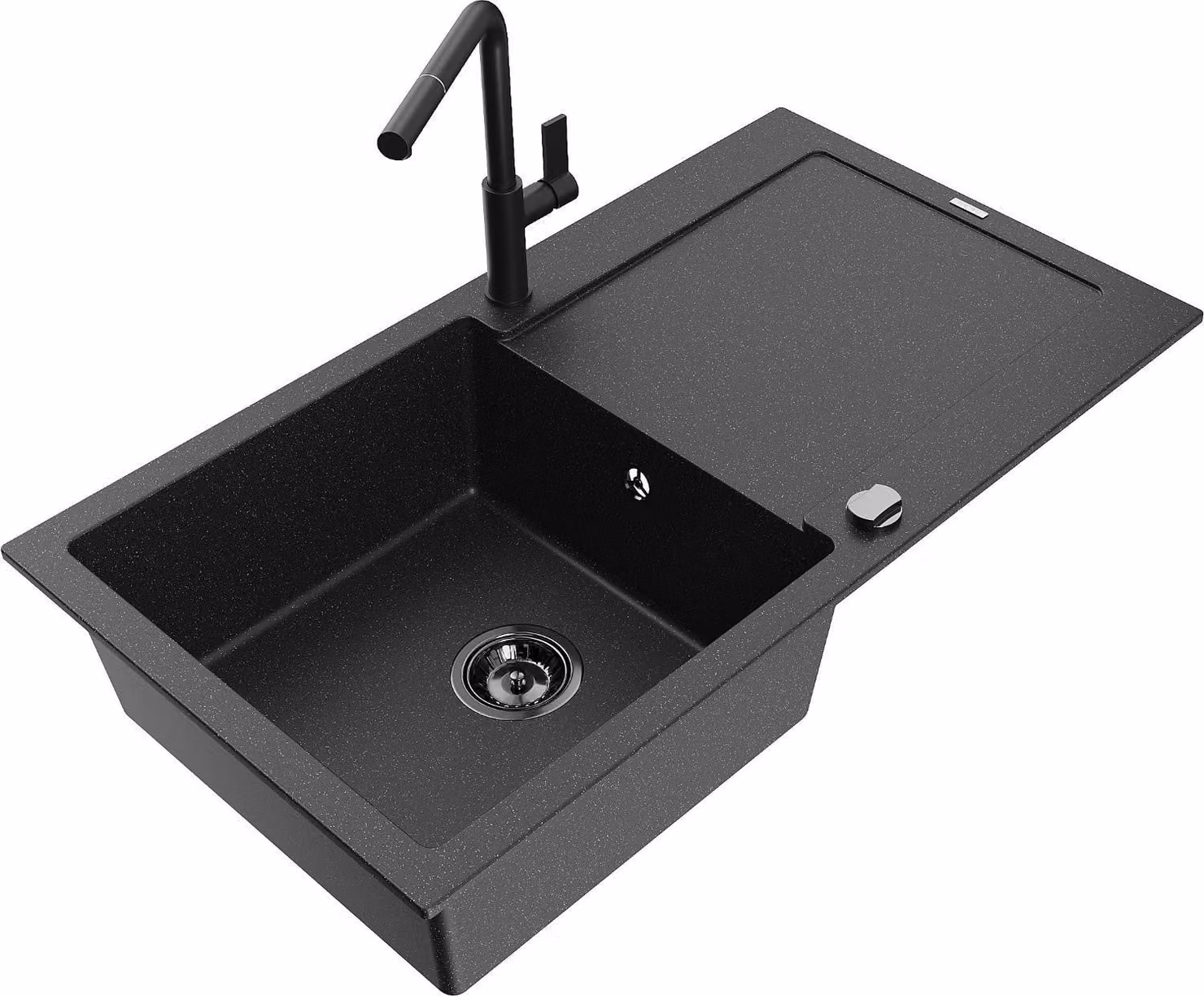 Mexen Leo lavello in granito a 1 vasca con scolapiatti e rubinetto da cucina Flora, nero/argento metallizzato