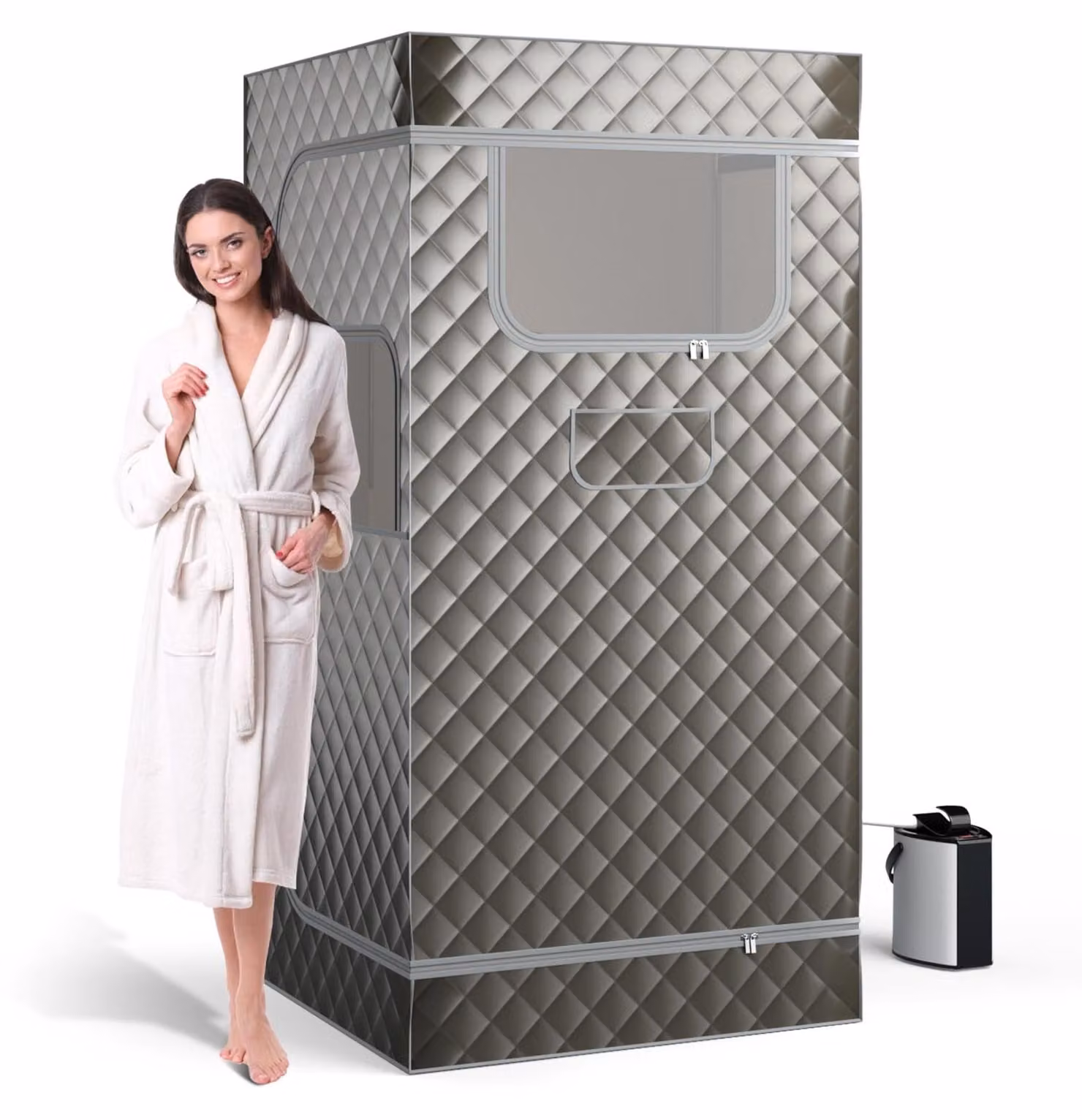 Sauna a vapore, cabina sauna per tutto il corpo con generatore di vapore da 3 litri, telecomando, massaggiatore per i piedi e sedia pieghevole. Tenda sauna portatile, dimensioni 91 x 91 x 183 cm (grigio)