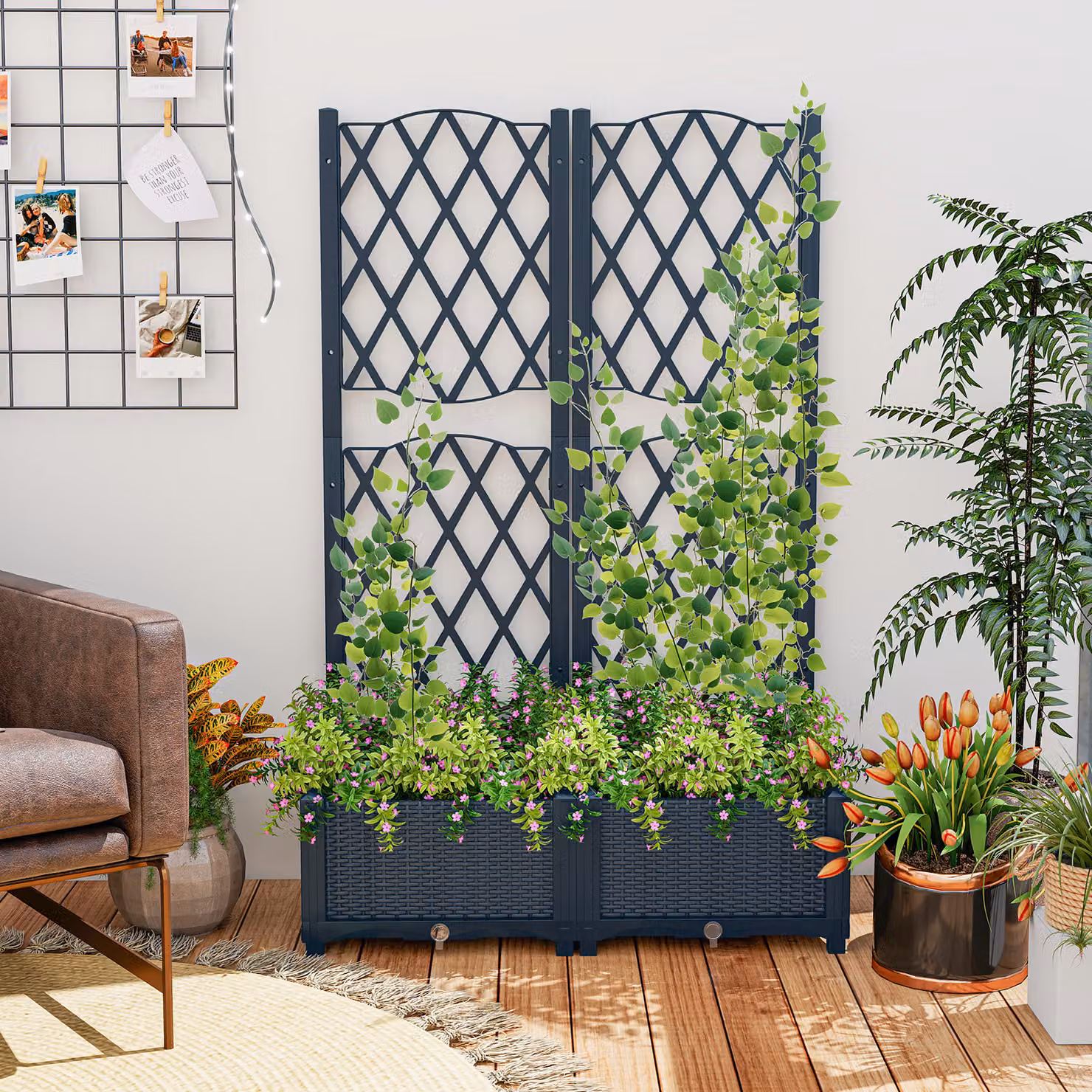 Fioriera rialzata con traliccio a reticolo Costway in plastica Grigio L: 76 cm, P: 36 cm, H: 18 cm