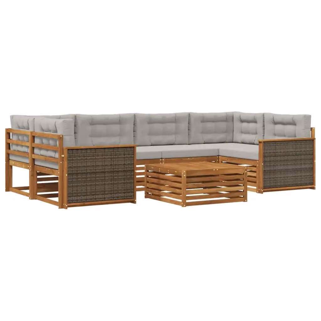 Set di divani da esterno a L vidaXL in legno di acacia con tavolo da caffè, 7 pezzi, Beige e Grigio – 2
