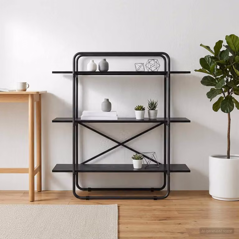 Libreria vidaXL a 3 livelli in stile industriale con struttura in metallo e MDF, Colore Nero e Marrone, L 100 x P 35 x H 105 cm