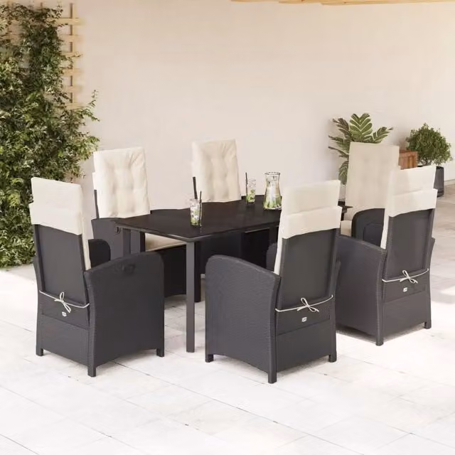 Set da Pranzo da Giardino 7 pz Nero con Cuscini in Polyrattan 3212306
