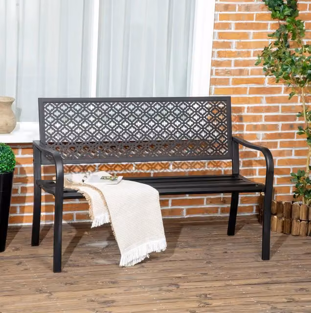 Panca da giardino 2 posti in acciaio con schienale e braccioli, motivo floreale, 127x63x83 cm, nera, portata 240 kg