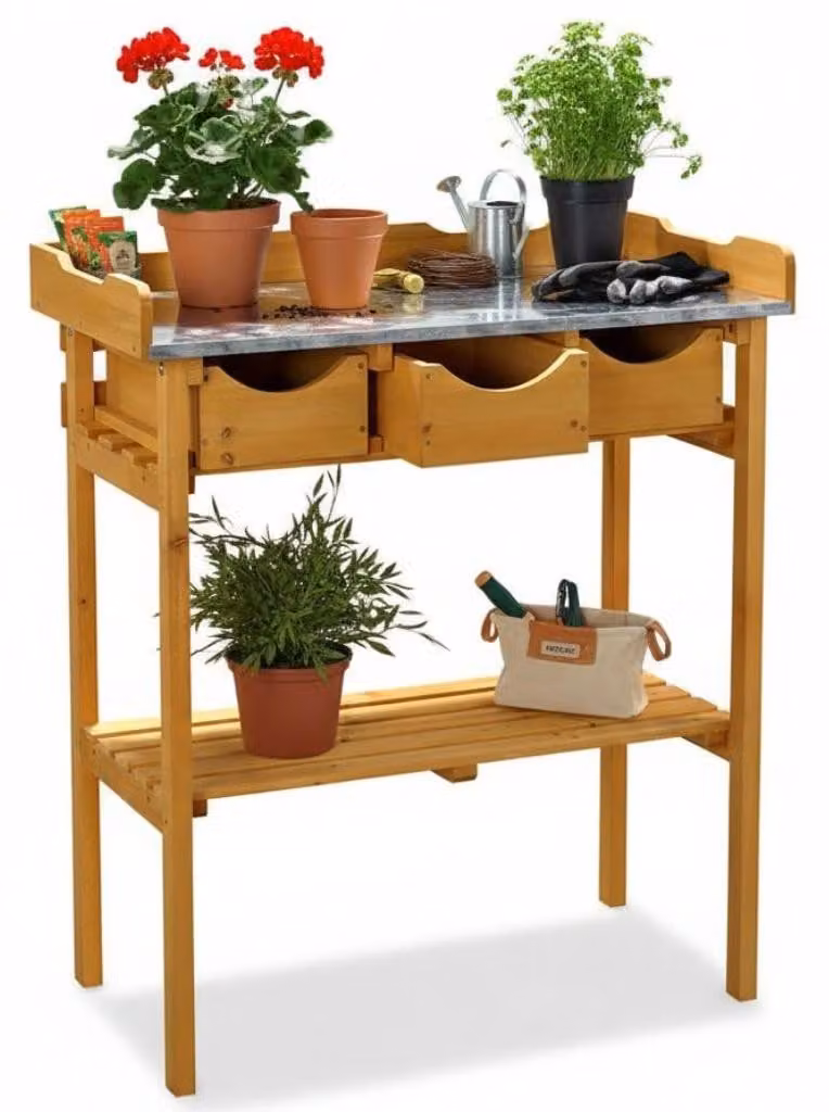 Tavolo da lavoro per il giardino con tre cassetti, in legno di abete - 80 x 40 x 82 cm