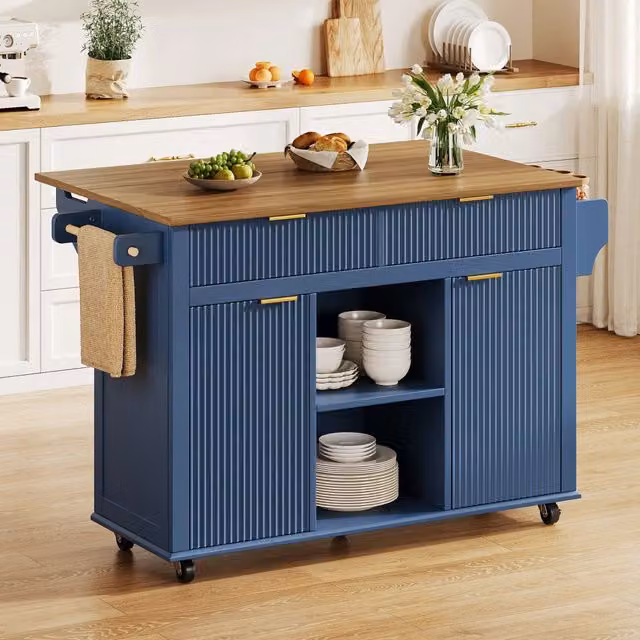 Isola da cucina WISHDOR con piano ribaltabile ed estensibile, 2 cassetti, 2 ante e porta spezie, colore blu e legno, L/P/H: 143 x 45 x 89,5 cm