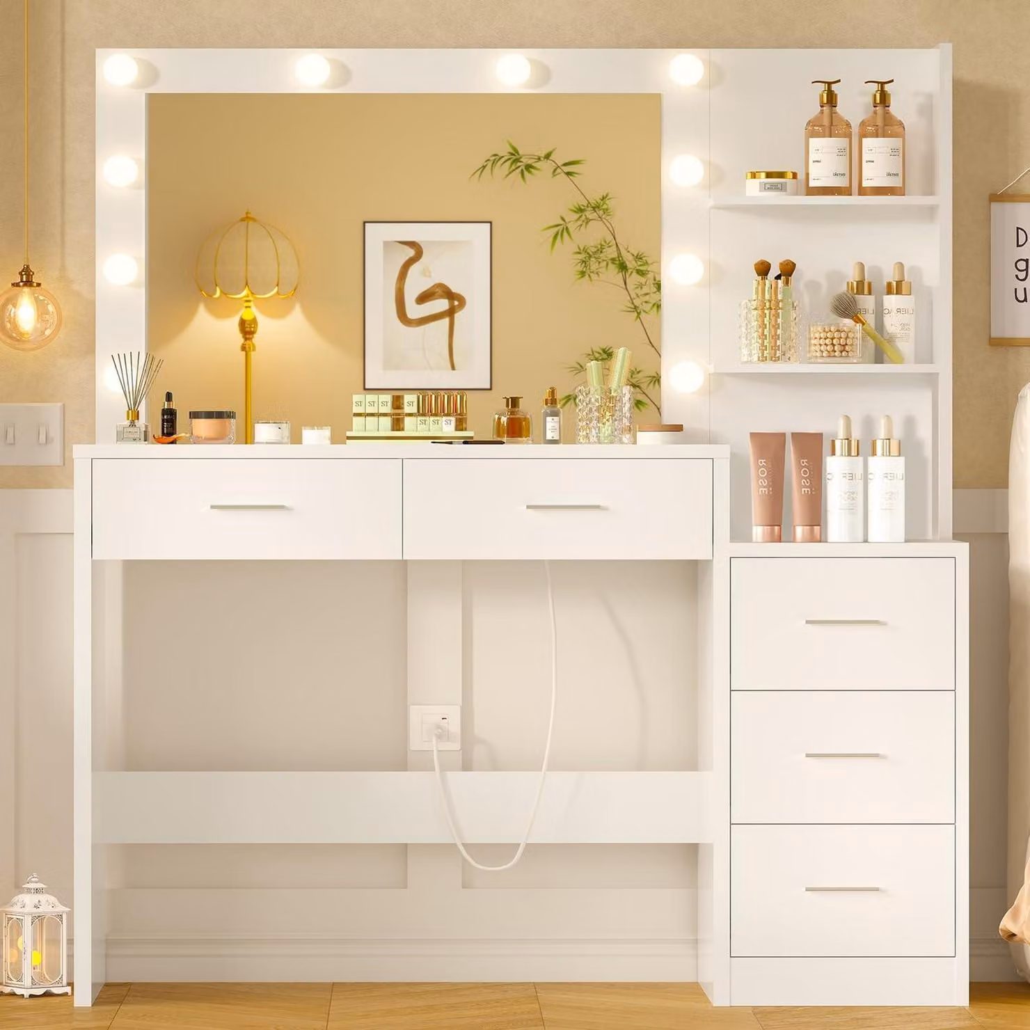 Comò da trucco da 110 cm con specchio e luci LED, 5 cassetti, 2 ripiani aperti, colore bianco