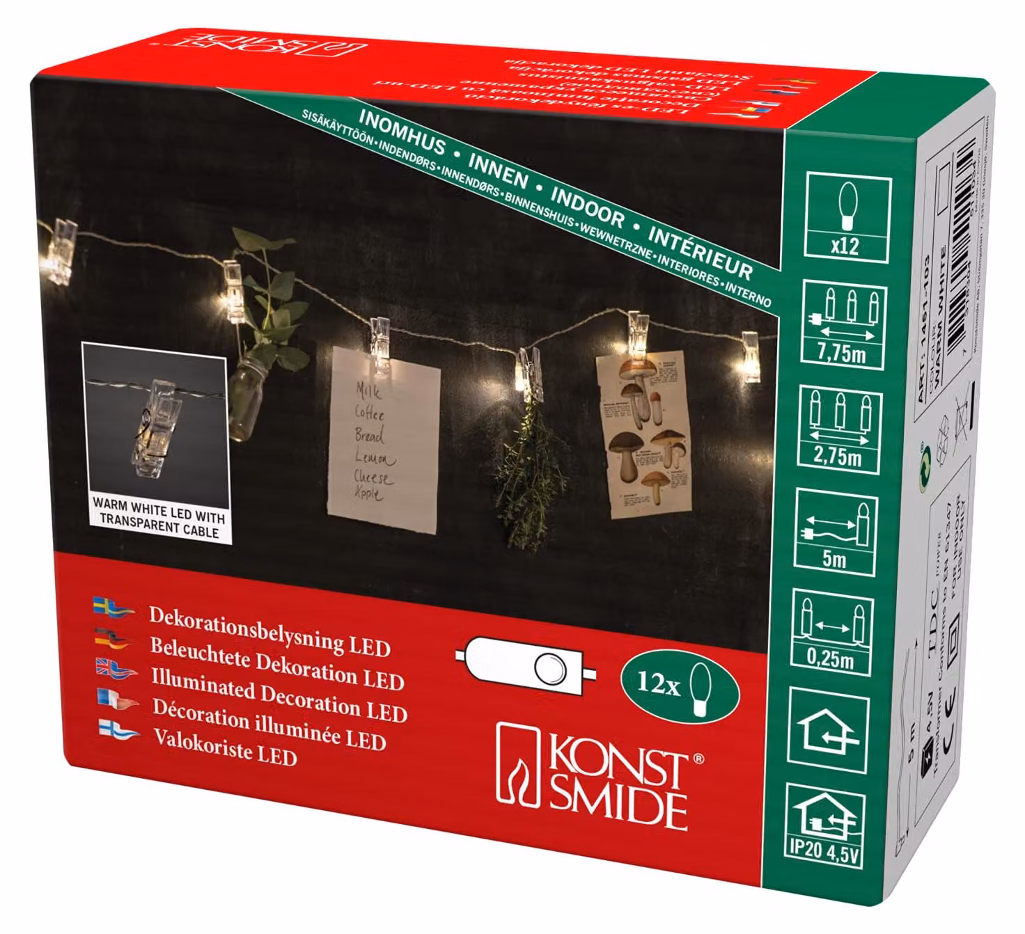 Catena luminosa LED Konstsmide, con clip per foto, 12 LED bianco caldo, trasformatore interno da 4,5V, cavo trasparente - 1451-103