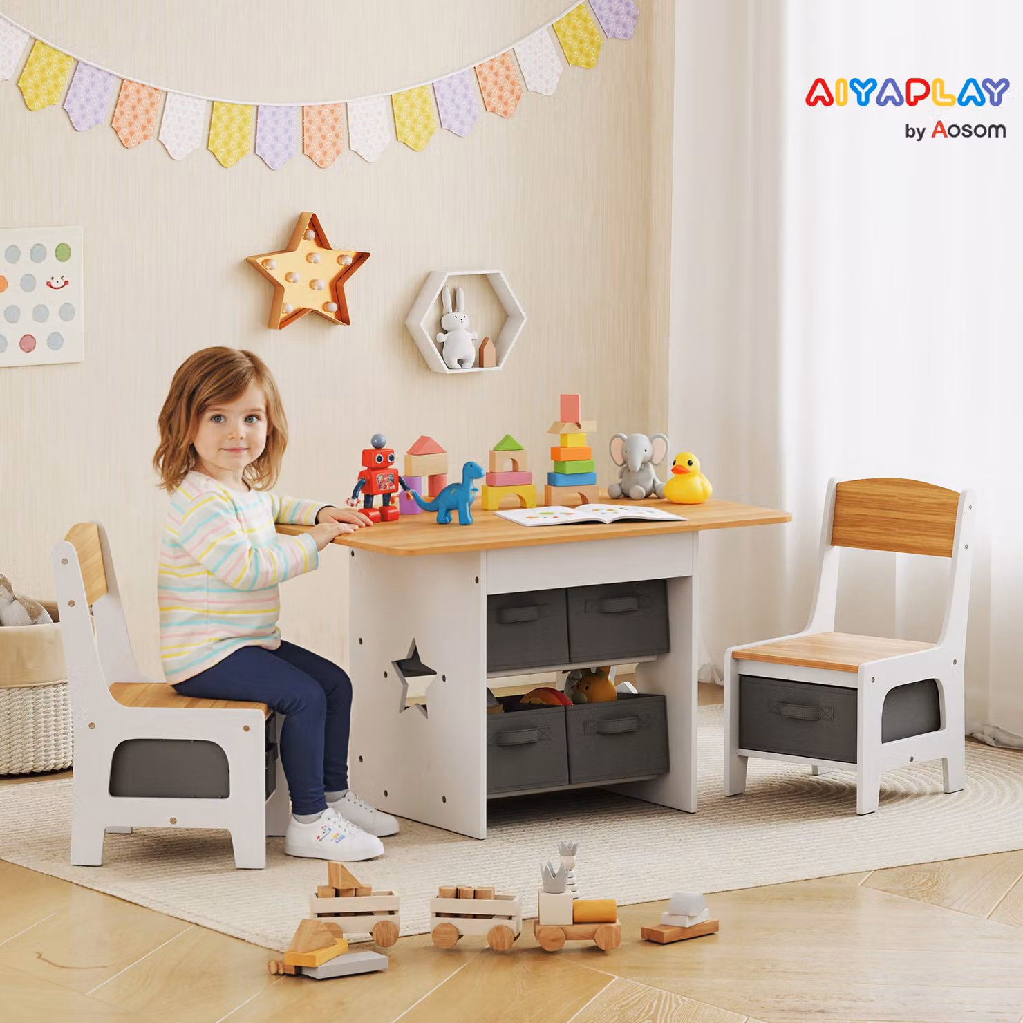Set Tavolo e 2 Sedie per Bambini AIYAPLAY in Legno con 6 Cassetti, Ideale per Cameretta o Soggiorno, Colore Legno e Bianco – 2