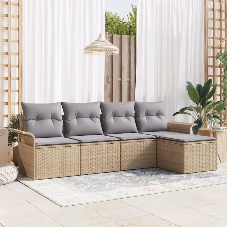 Set da esterno vidaXL composto da 5 pezzi in polyrattan beige con cuscini e pouf coordinato