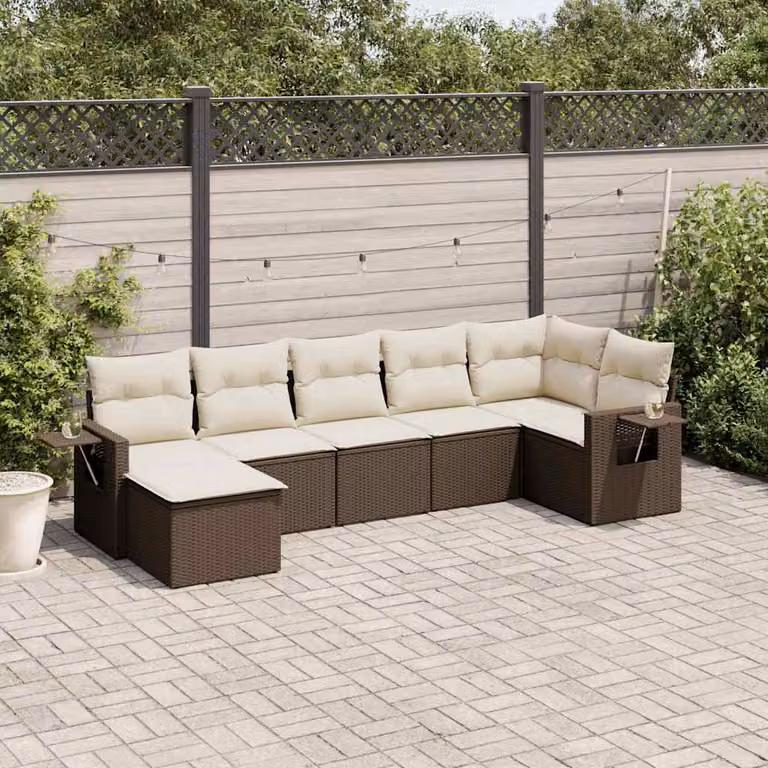 Set di divani da giardino vidaXL in polyrattan marrone e bianco con cuscini, composizione a L con elementi angolari e pouf