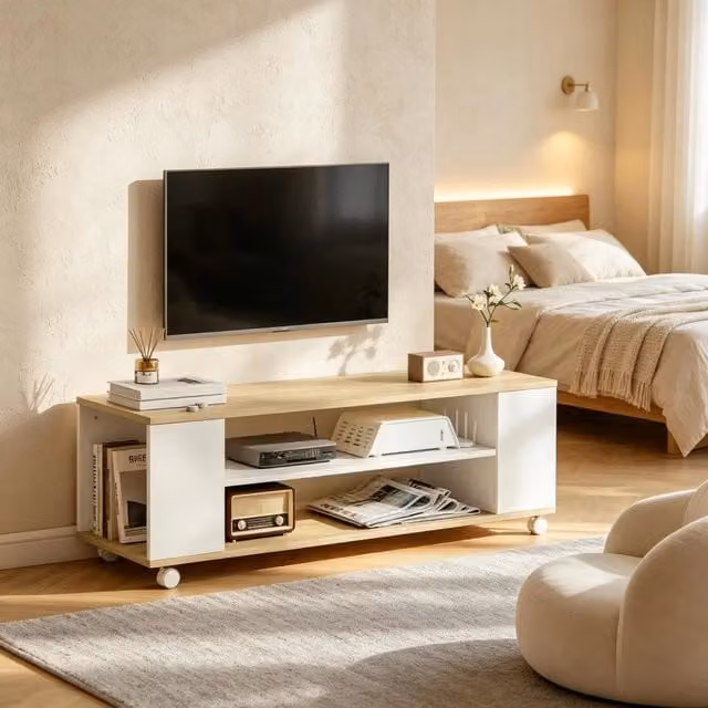 Mobile TV Mivray con ruote e vani laterali, bianco e naturale, L/P/H: 120 x 40 x 38.5 cm