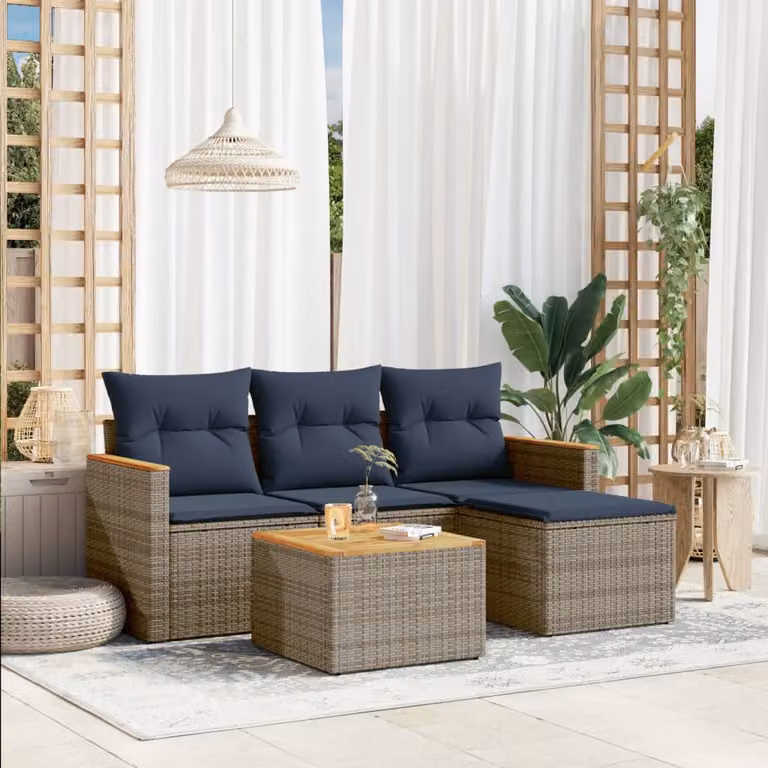 Set Divani da Giardino vidaXL 5 Pezzi a Forma di L con Cuscini Blu e Grigio in Polyrattan e Struttura in Acciaio e Legno di Acacia