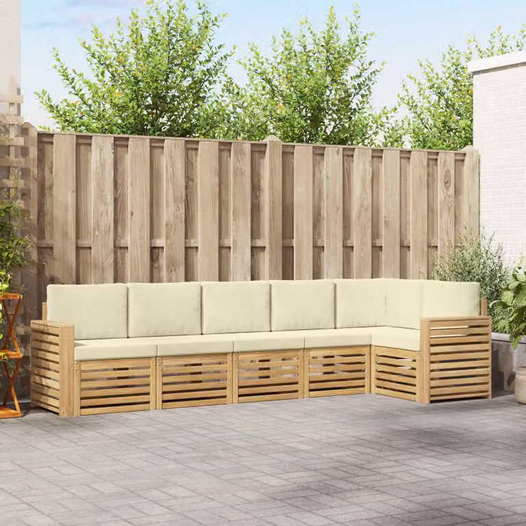 vidaXL Set di divani da esterno a forma di L composto da 6 pezzi in legno di acacia con cuscini bianchi e beige