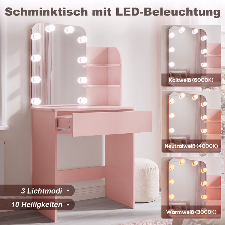 SONNI Rosa, specchio a lampadina tricolore a luminosità regolabile con cassettiera 70x40x140cm cassettiere compatte