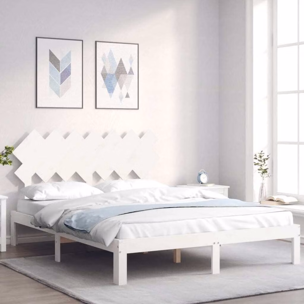 The Living Store Letto in legno massiccio con testiera bianca 140x200 cm