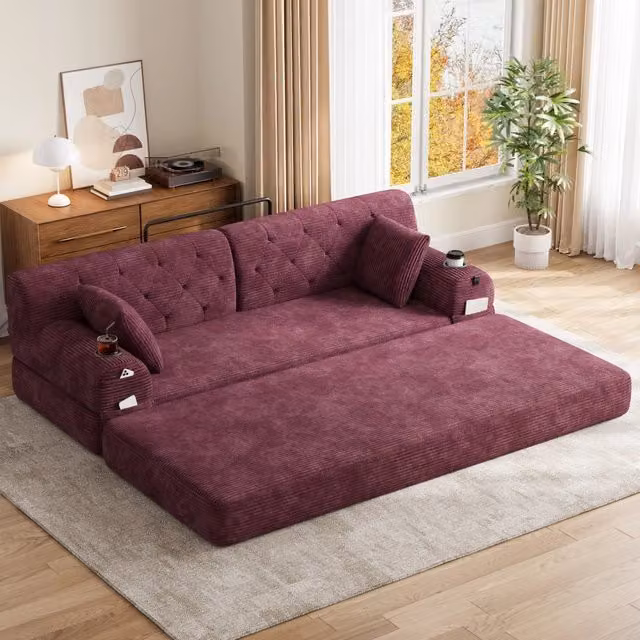 Divano letto a 3 posti 208 cm con schienale alto e portabicchieri; velluto a coste; rosso vino