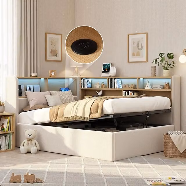 Divano letto con ripostiglio idraulico - Xylo - 90x200 cm - Beige - LED, USB, velluto