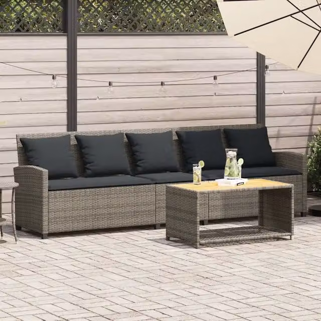 Divano da Giardino con Cuscini 5 Posti Grigio in Polyrattan 4104114
