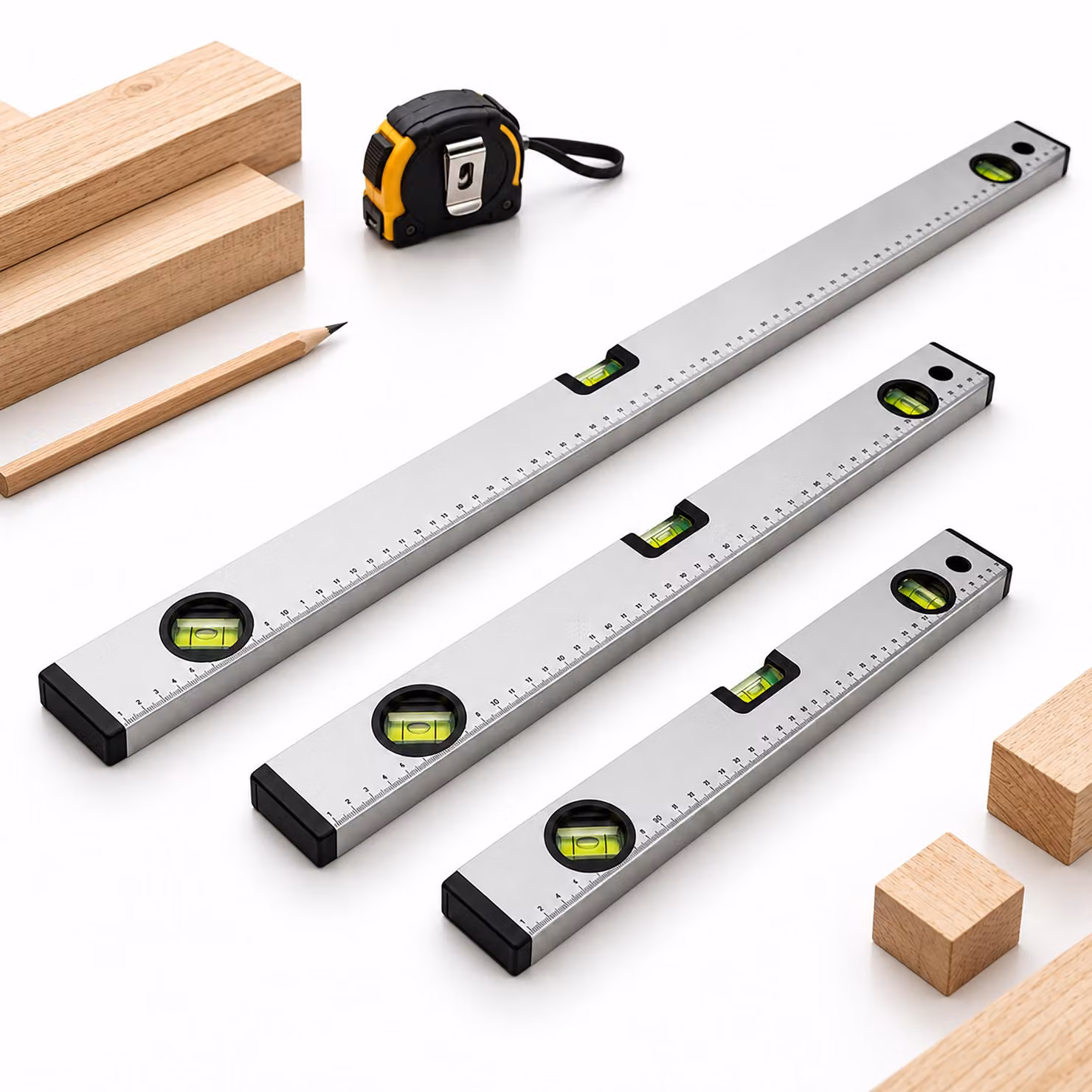 Set di 3 livelle Relaxdays, lunghezze 40/60/100 cm, con 3 bolle, angoli 0°/ 45°/ 90°, profilo in alluminio, scala metrica, livella per muratori, colore argento