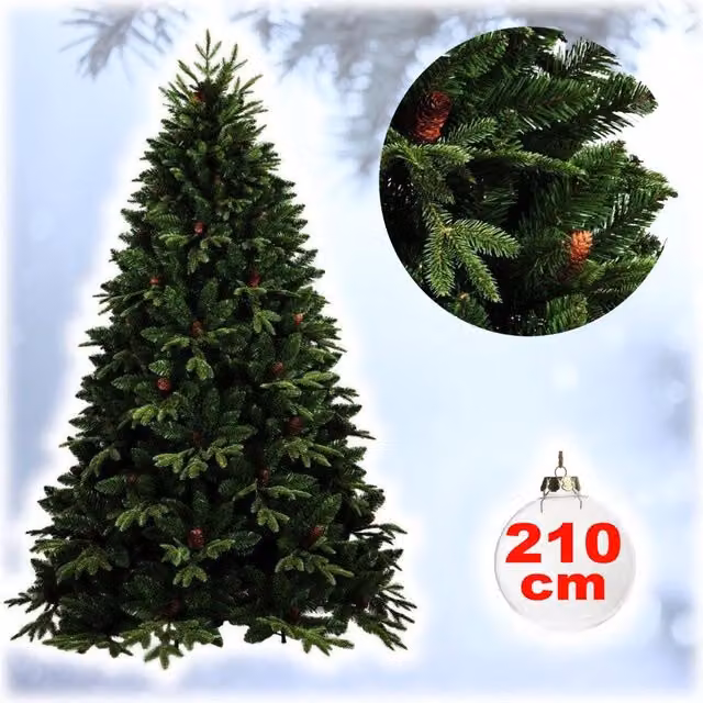Trade Shop - Albero Di Natale Folto Artificiale 210cm Verde Con Pigne 900 Rami Base A Croce -