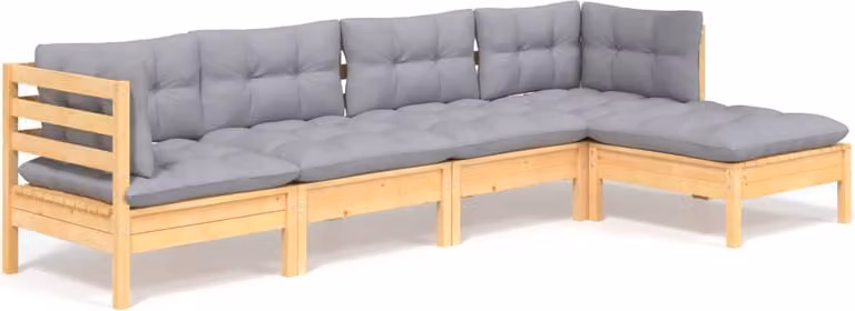 Set Divani da Giardino 5 pz con Cuscini Grigi Massello di Pino