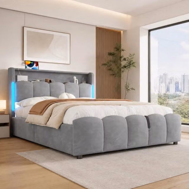 Letto matrimoniale MODFU imbottito in velluto grigio con contenitore, illuminazione LED, porte USB e mensola integrata, L/P: 140 x 200 cm