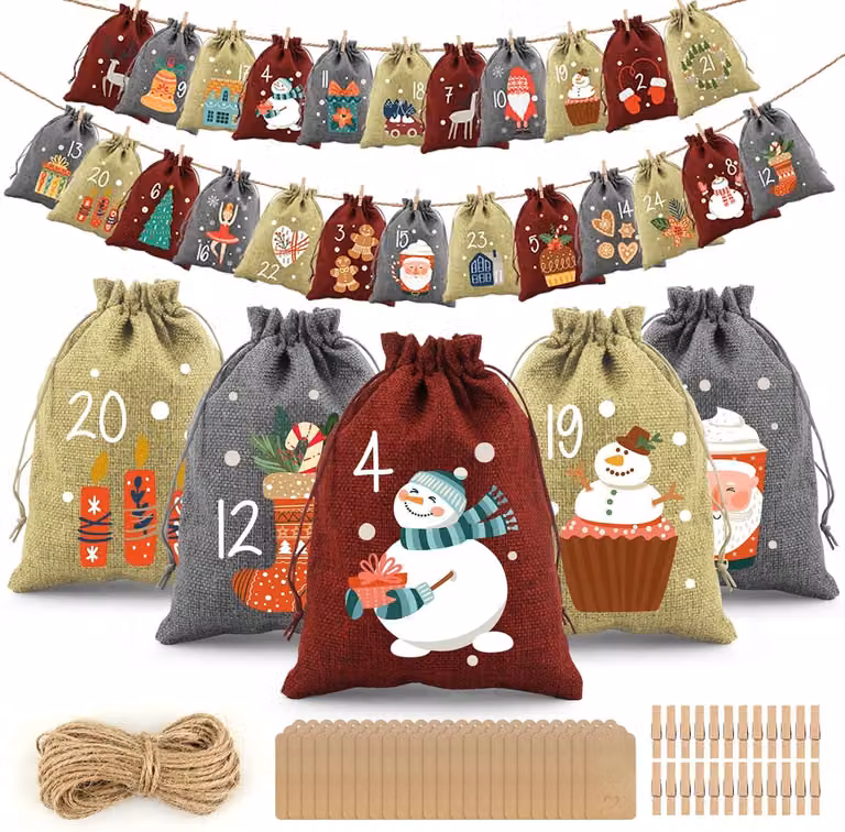 Calendario dell'Avvento con sacchetti di stoffa, 24 pezzi, con motivi natalizi, riutilizzabili, ideali per la decorazione natalizia