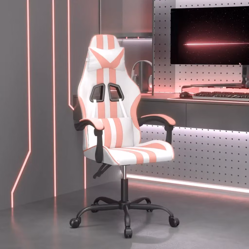 Sedia da Gaming Sportiva in Similpelle Bianco e Rosa con Poggiatesta e Ruote per Adulti – 2