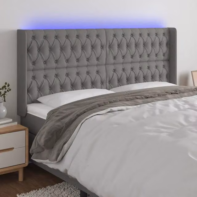 Testiera con LED Design Mania in tessuto grigio con porta USB, L: 203 cm, P: 16 cm, H: 118/128 cm – 1