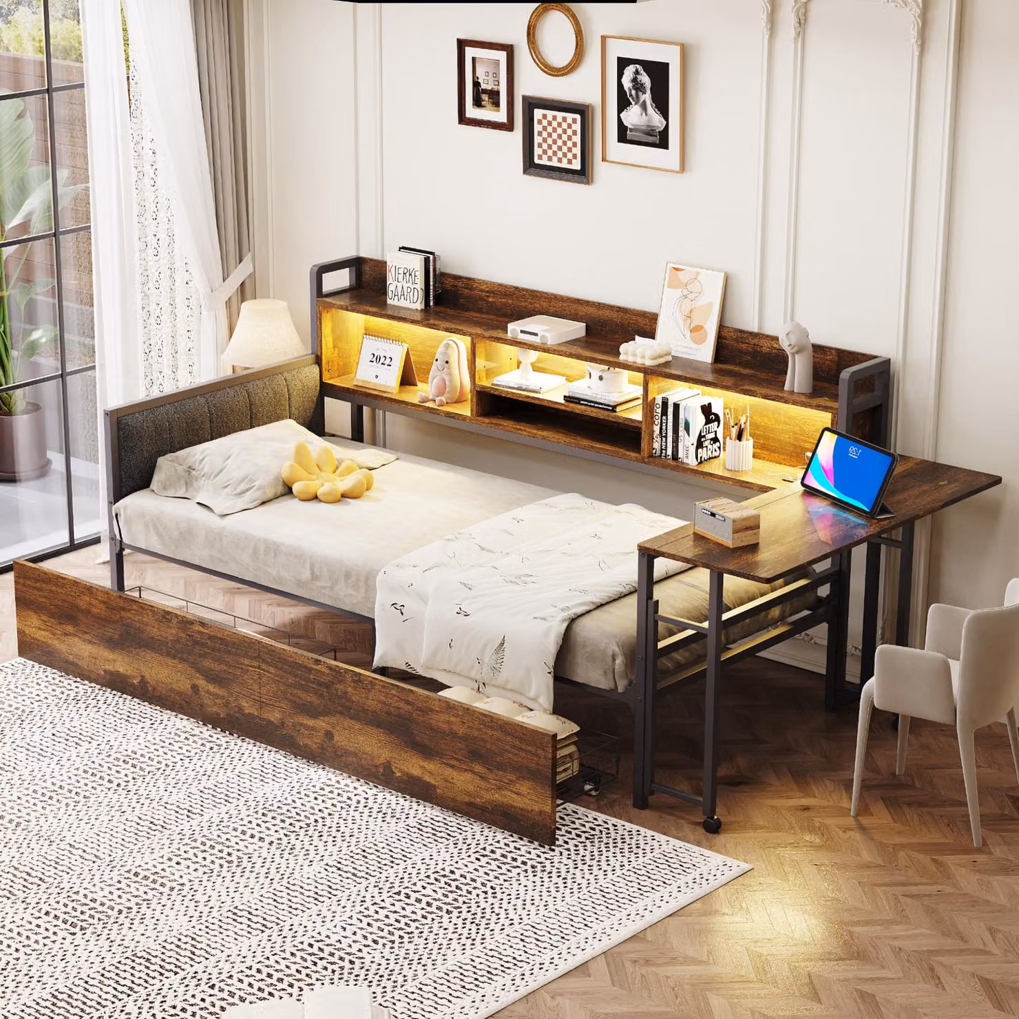 Divano letto 90 x 200 cm con illuminazione a LED, 2 cassetti, vano portaoggetti, presa multipla, scrivania estraibile e schienale, colore bianco/effetto legno