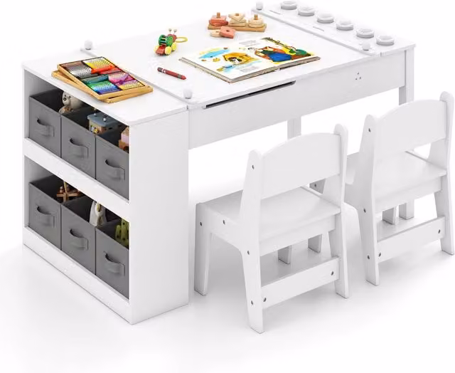 Tavolo multifunzione in legno con piano sollevabile rotolo di carta di stoccaggio-Set tavolo da disegno e cavalletto per bambini Bianco