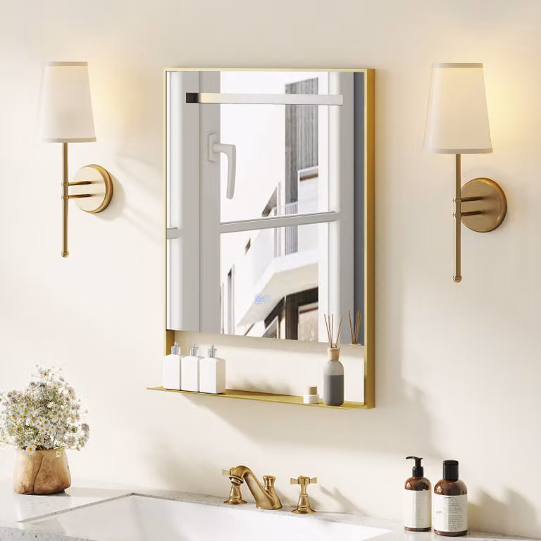 Specchio da bagno Costway con cornice in alluminio oro, illuminazione LED regolabile e funzione antiappannamento, L: 80 cm, H: 88,5 cm, P: 50 cm